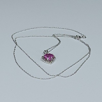 THL 10K White Gold lab created Ruby & Diamond Heart Pendant Necklace 18'' Used