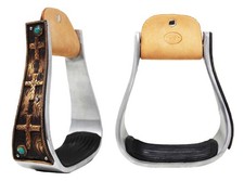 Horse Western 5" Wide Barrel Racer Aluminum Copper Cross Engraved Show Stirrups