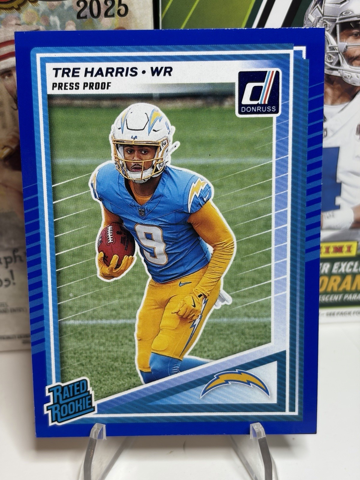 2025 Donruss Blue Press Proof Rated Rookie Tre Harris #329 San Diego Chargers RC