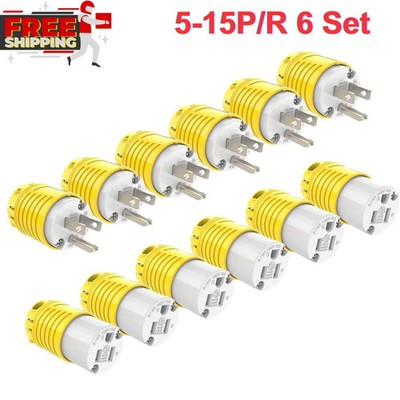 RVGUARD Extension Cord Ends Male and Female Plug, 15Amp 125Volt Heavy Duty 6 Set