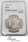 1890-O Morgan Silver Dollar NGC MS62, reverse about 30 degrees rotated