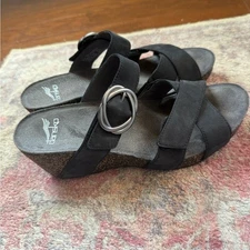 Dansko Susie Black Leather Buckled Wedge Sandals Women's Size 38 US  7.5 8