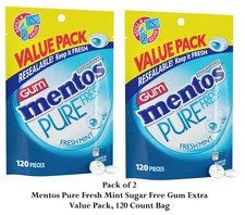 (PACK OF2) Mentos Pure Fresh Mint Sugar Free Gum Extra Value Pack 120 Count