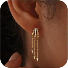 Dangle Earrings for Women,Dainty 14K Gold Plated CZ Triple Huggie Stud Earring T