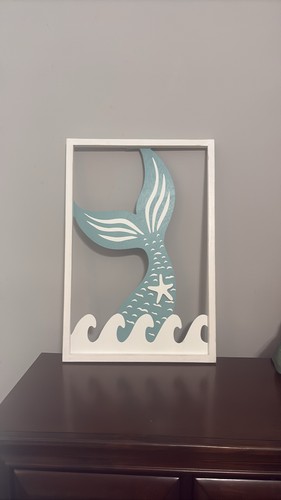 Mermaid Tail Wall Art Blue Green Wood Ocean Beach Nautical Framed