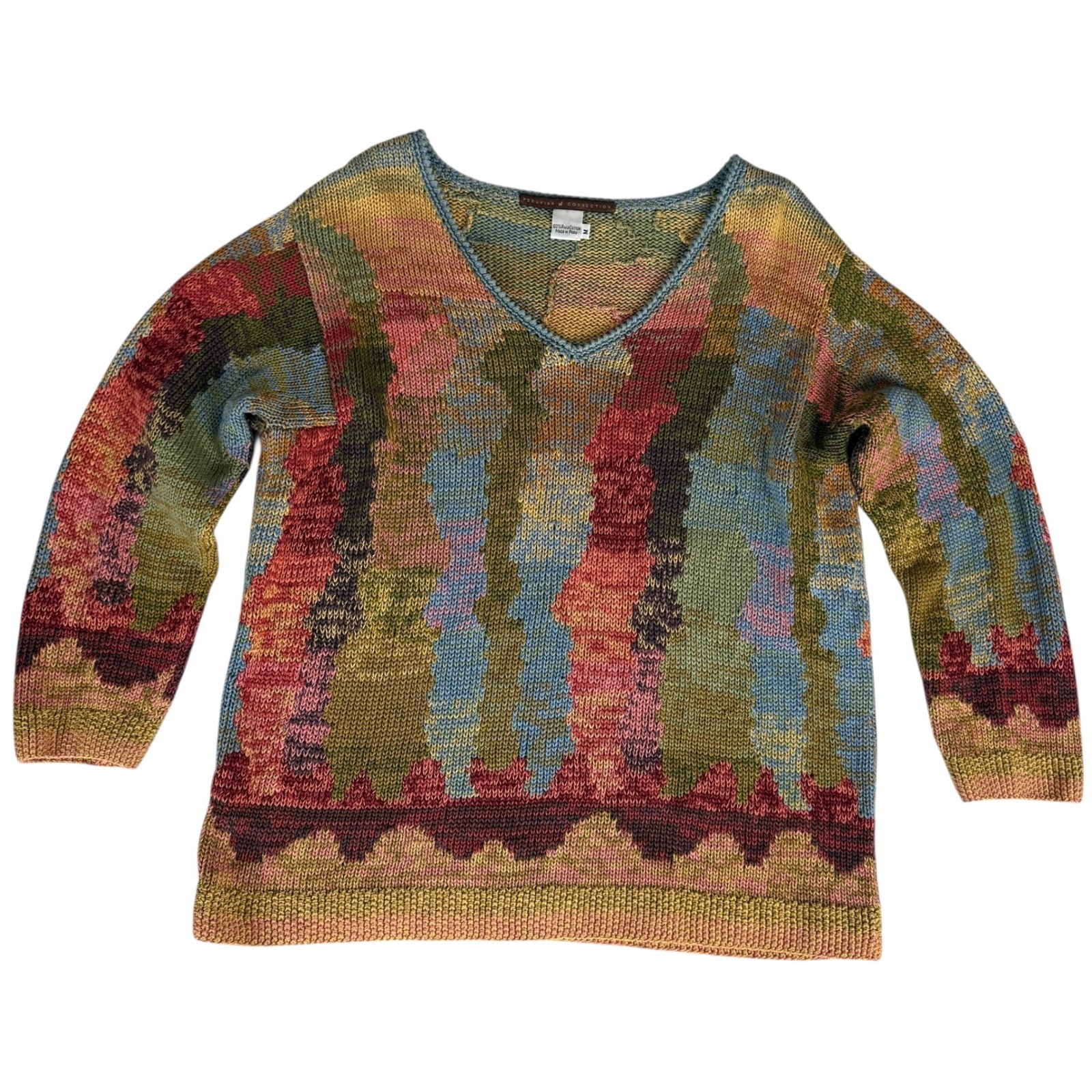 PERUVIAN CONNECTION Multicolor Patchwork Knit V N… - image 7