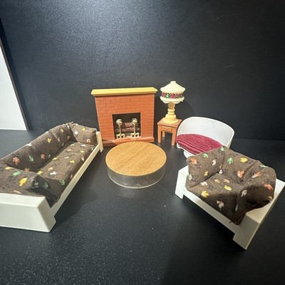 VTG Fisher Price Little People Dollhouse Furniture Sofa Chair Firepla.Lamp Table