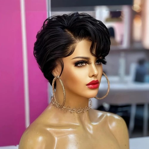 Parrucche Capelli Umani Corti Ricci T Part Pizzo Colore Nero Naturale Taglio Pixie per Donna - Foto 4 di 6
