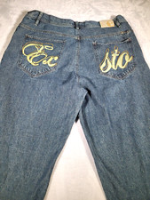 EXSTO Jeans Mens 42X34 Baggy Fit Grunge Wide Leg Embroidered Painted Pockets Y2K