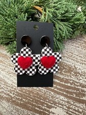 Valentine's Day Checked Flower with heart Dangle Earrings