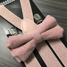 Wedding Blush Pink Glitter Suspenders and Bow Tie Matching Set Wedding Adult