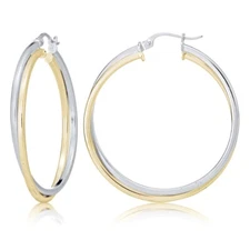Sterling Silver Two-Tone Square-Tube Double Twisted 47mm Round Hoop Earrings