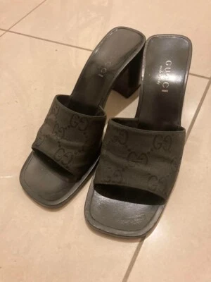 GUCCI Mules Sandales À Talons Logo GG En Cuir Véritable Noir Taille EU 36 - Photo 1/4