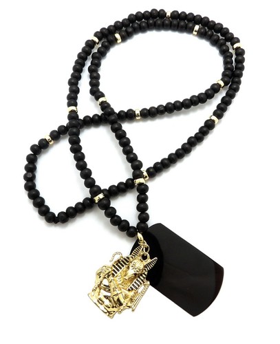 Hip Hop Iced Egyptian God Anubis Dog Tag Pendant & 6mm 30" Wooden Bead Necklace - Picture 6 of 6