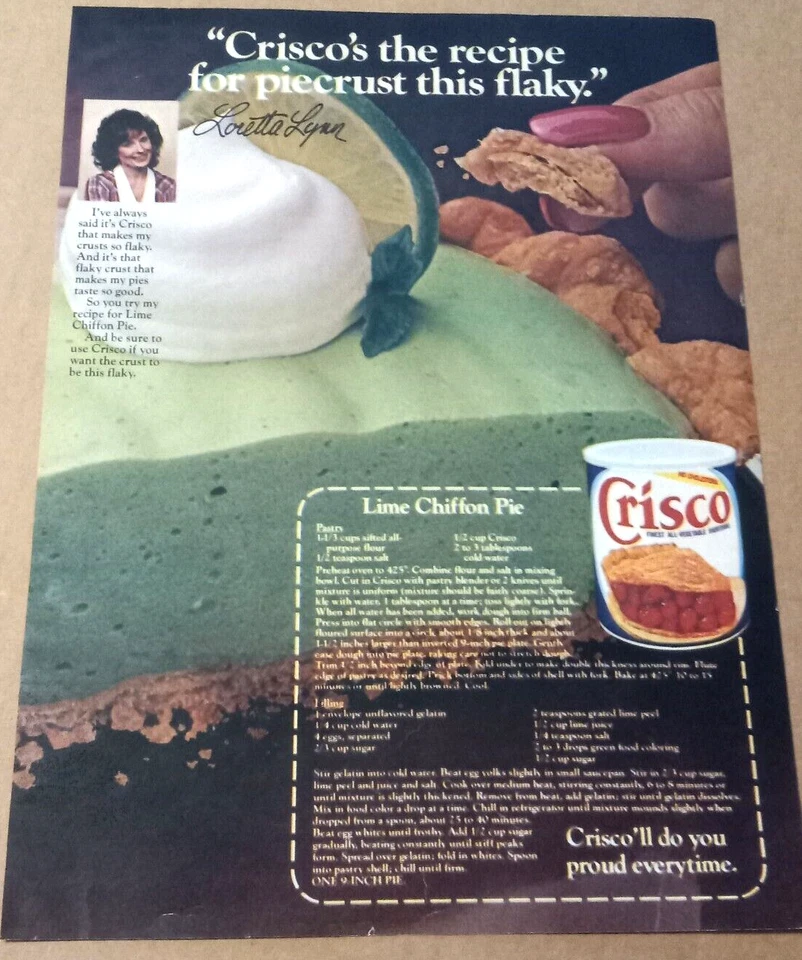 Página de anuncio impresa 1984 - Acortamiento Crisco - LORETTA LYNN - Receta de pastel de gasa de lima Foto 2 de 2