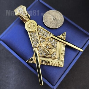 Authentic Hip Hop Freemason Masonic Compass Gold plated Cubic Zirconia Iced Large Pendant