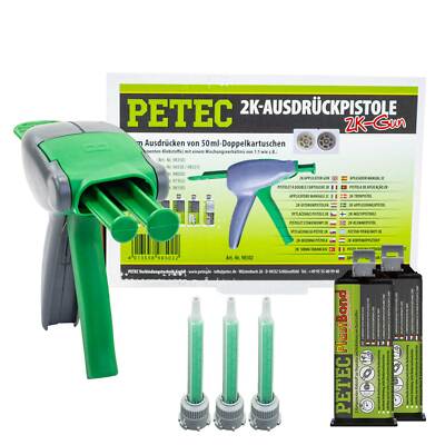 Klebstoff Kunststoffreparatur Plast Bond PETEC 2 X 50 ml mit 2K-Ausdrückpistol