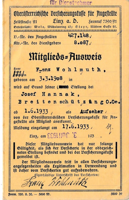 Nr 46335 Mitglieds Ausweis O.Ö. Versicherung Angestellte 1933 Linz a.d,D. O.Ö.