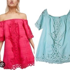 Free People Small BATTENBURG Off Shoulder Mini Dress Lace Tunic Aqua Blue