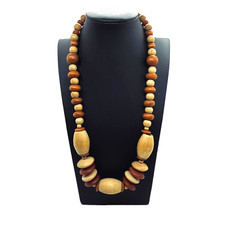 Wood Beaded Necklace Hippie Boho Chunky 1980s Disk Oblong Shaped Beads Retro