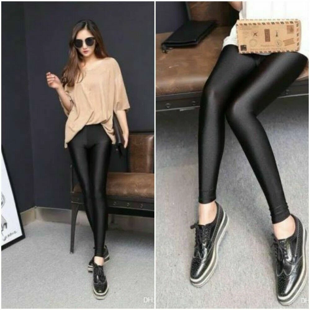 Ladies Disco Leggings Shiny Black Dance Trouser Club wear Pants 8