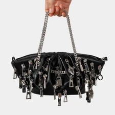 Hot Punk Girl Black Pleated Bag Chain Single Shoulder Crossbody Bag Street Party