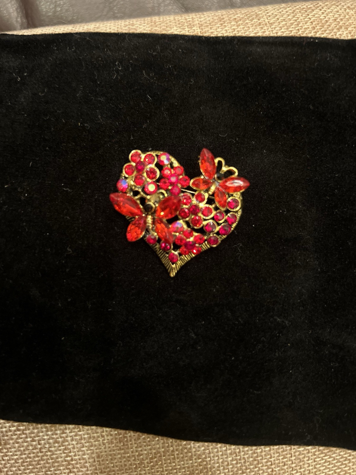 Red crystal heart pin brooch with red crystal flowers and butterflies  NWOT