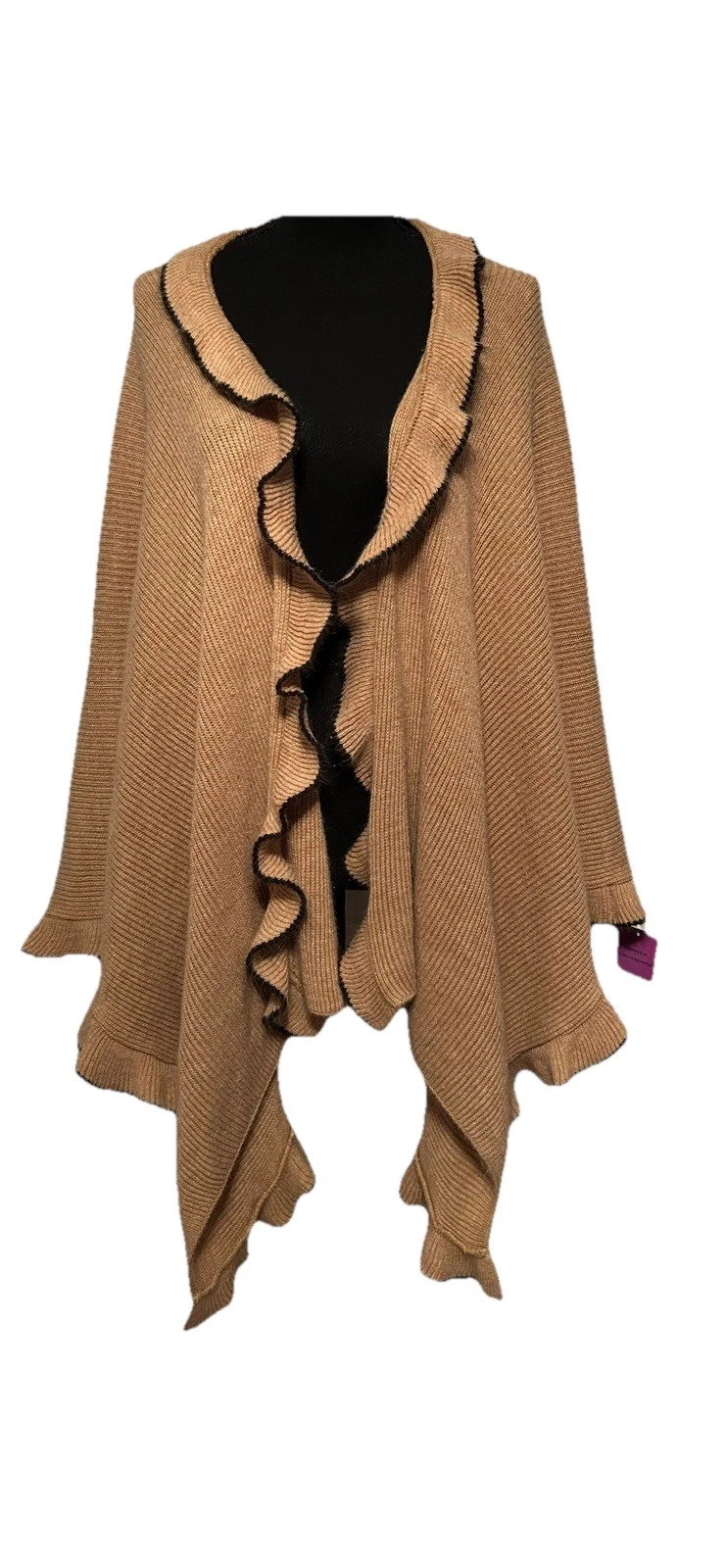 Charter Club Tan Cape Poncho W/Brown Border Ruffle Trim Boho Western Fall