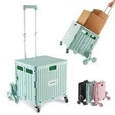 Foldable Utility Cart with Stair Climbing Wheels, Collapsible Rolling Crate w...