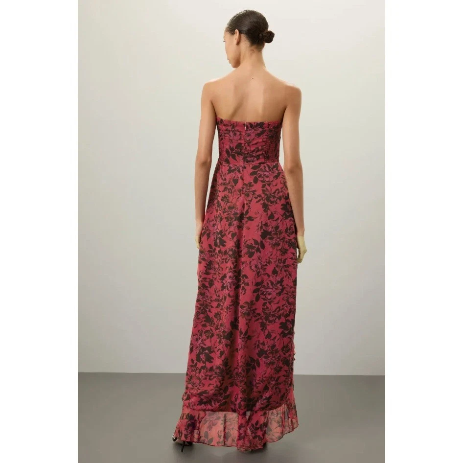 Maxi Vestido Amanda Uprichard Eden Sin Tirantes Floral Volantes Rosa Negro Talla M Foto 4 de 4