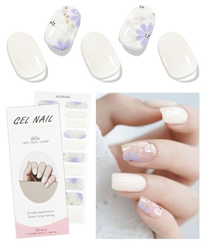 Gel Nail Stickers Beige Purple Flower Semi Cured Strips Wraps UV/LED Supplies
