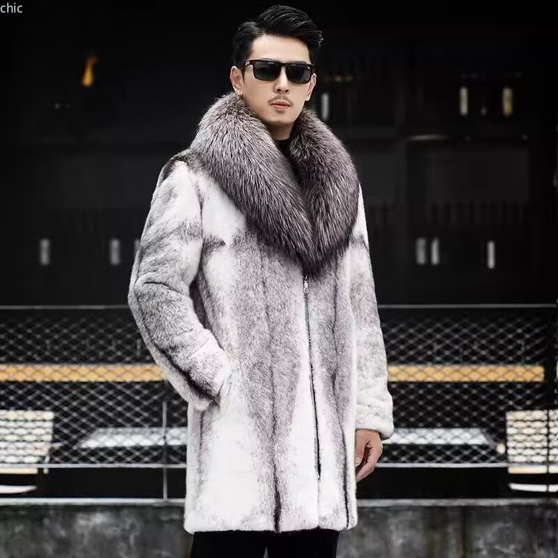 Men's Warm Mink Fur Coat Winter Raccoon Fur Collar Thickened Warm Business Coat