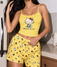 Hello Kitty Women s Teens Yellow Kawaii Cami Shorts Lounge Pajama Cartoon Set M