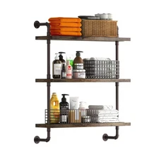 3 Tier Industrial Pipe Shelf Rustic Wood Floating Shelves,Wall Display Booksh...