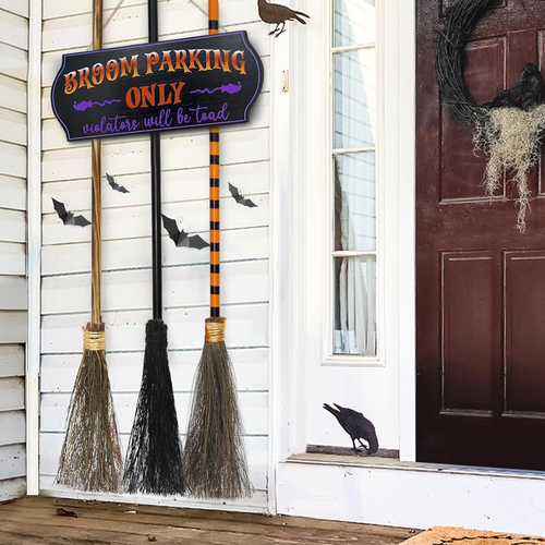 Halloween Decorations Broom Parking Sign 3 Wooden Witches Brooms Hocus Pocus - Picture 7 of 12
