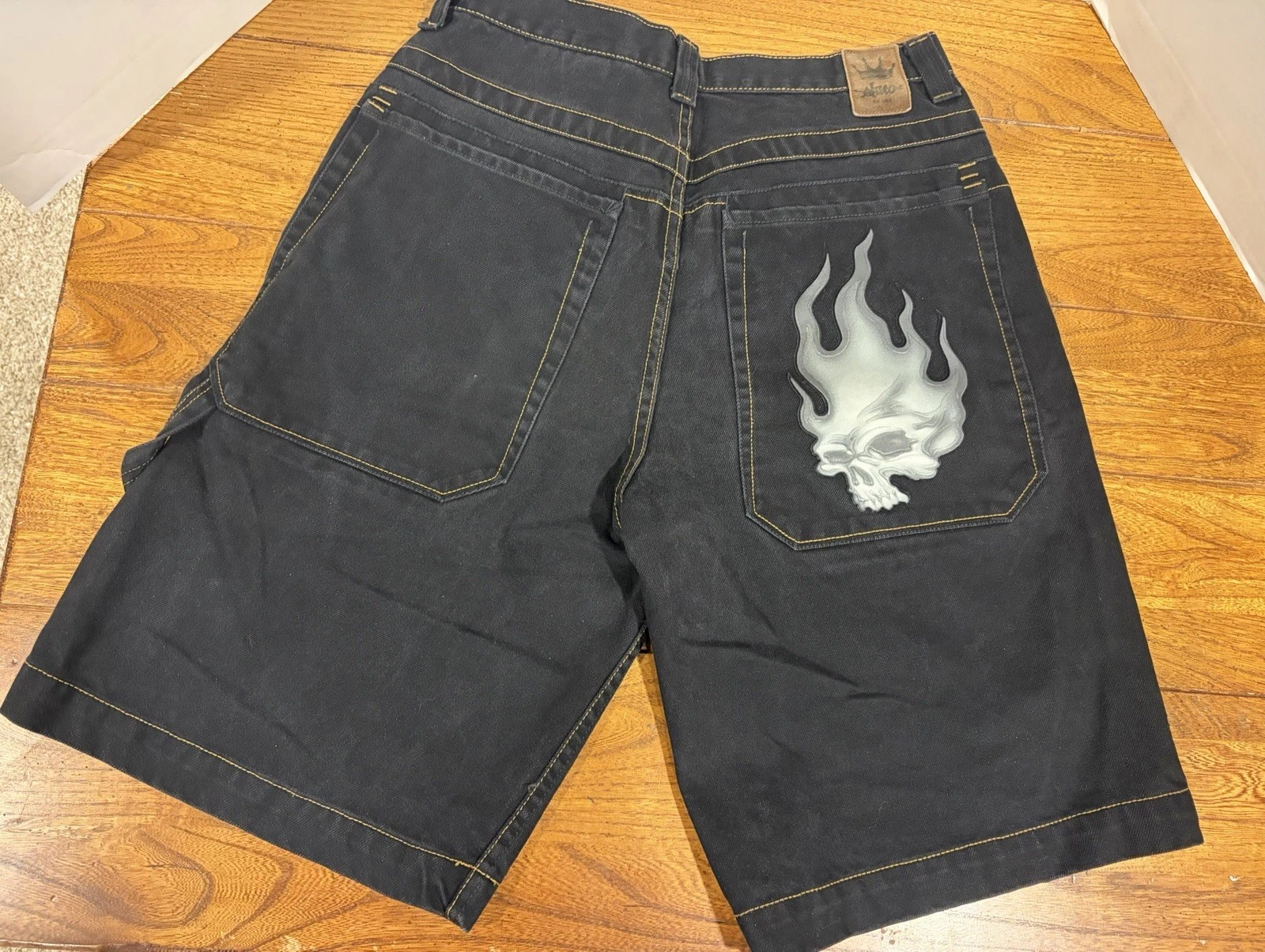 JNCO Flaming Skull Baggy Loose Black Denim Shorts Size 34