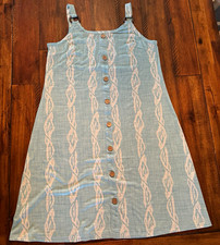 Women’s Blue/White Geometric Button Front Strappy Scoop Neck Midi Dress, L