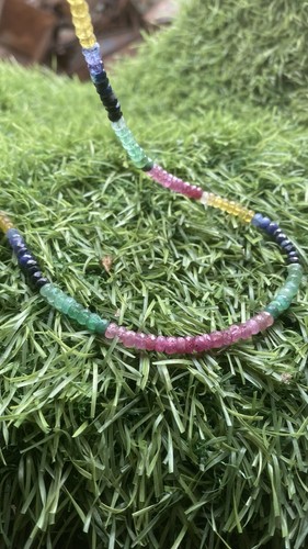 Natural Multi Sapphire Necklace 20” Round Faceted Beads Gold Clasp - Picture 4 of 8