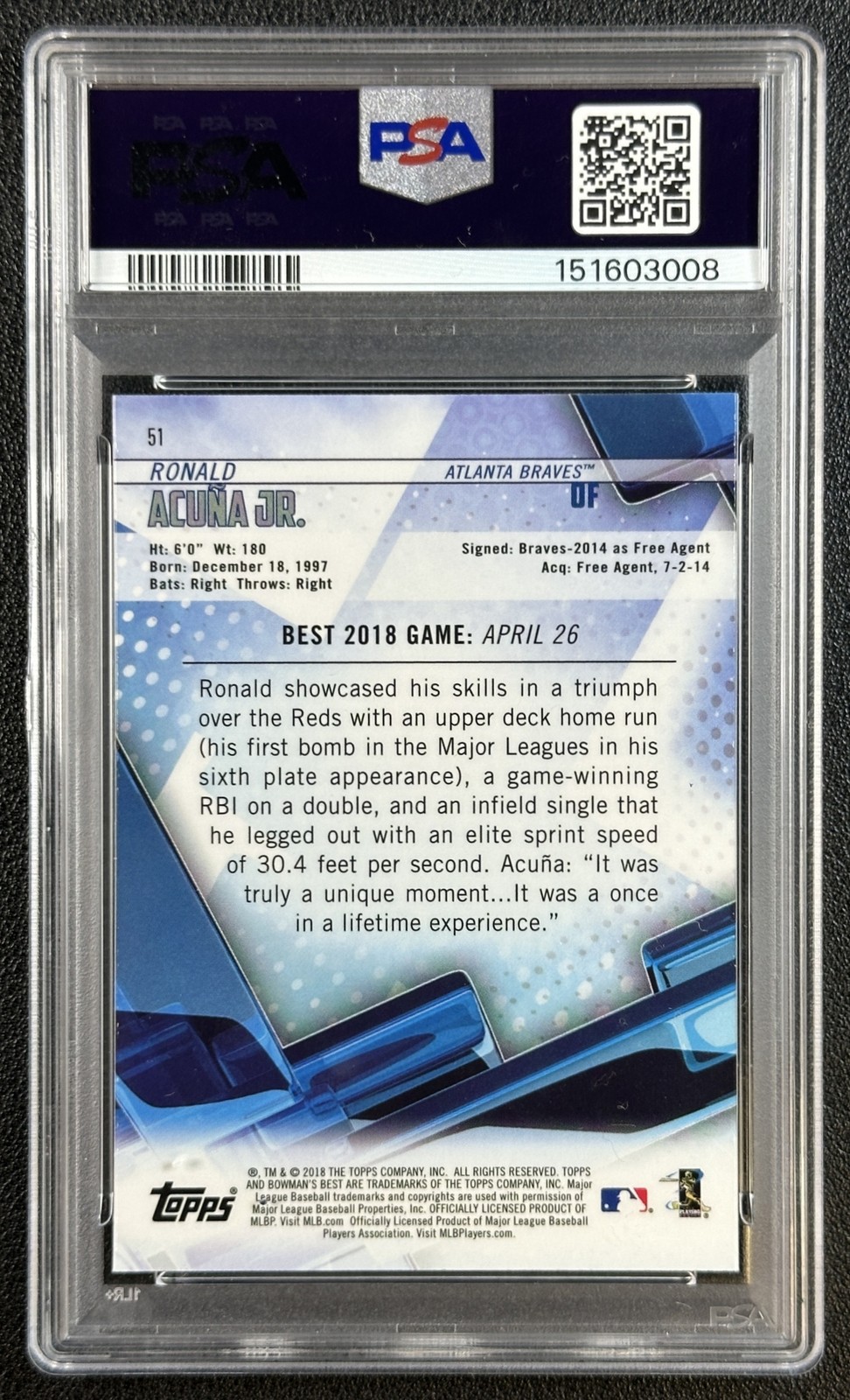 RONALD ACUNA JR. PSA 10 2018 BOWMAN'S BEST #51 ROOKIE RC BRAVES 3008 view 2