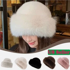 Faux Fur Trimmed Beanie Hats for Women Girls Russian Style Furry Winter Ski Hat