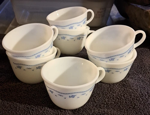 Set Of 7 Vtg PYREX Morning Blue Coffee/Tea Cups/Mugs Microwave Safe 6 Oz