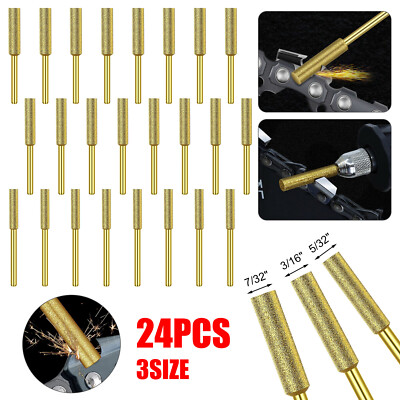 24PCS 3/16'' 7/32'' Diamond Chainsaw Sharpener Burr Grinding Stone File 1/8'' Shank