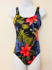 Longitude One Piece Swimsuit Tropical Print Hibiscus Cross-Back Tank VTG 1990s