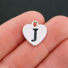 4 Letter J Heart Charms Antique Silver Tone Alphabet Charm - SC5322