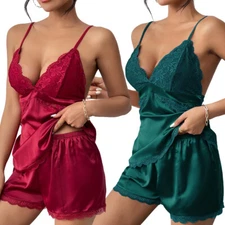 Women Sexy-Lingerie Sleepwear Satin Silk Babydoll Lace Nightwear Pajamas Set
