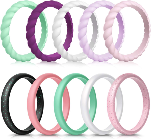 10 Pack Silicone Wedding Rings for Women, Thin Braided Rubber Bands, Colorful