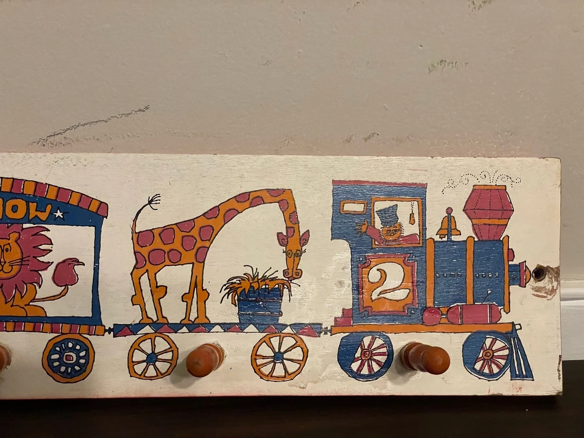 Vintage Wood Childrens Wall Coat Hat Rack with Zoo Circus Animals in Train Cars