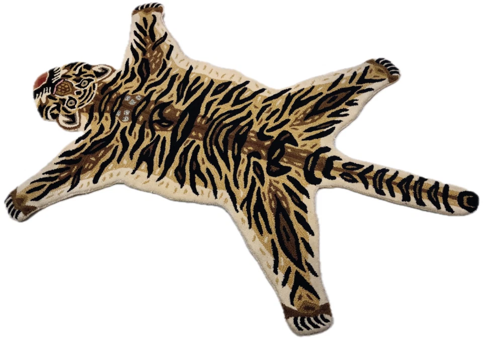 Alfombras hechas a mano Tigre Tibetano 4 x 6 para niños adolescentes alfombra acolchada a mano 100 % lana Foto 2 de 4