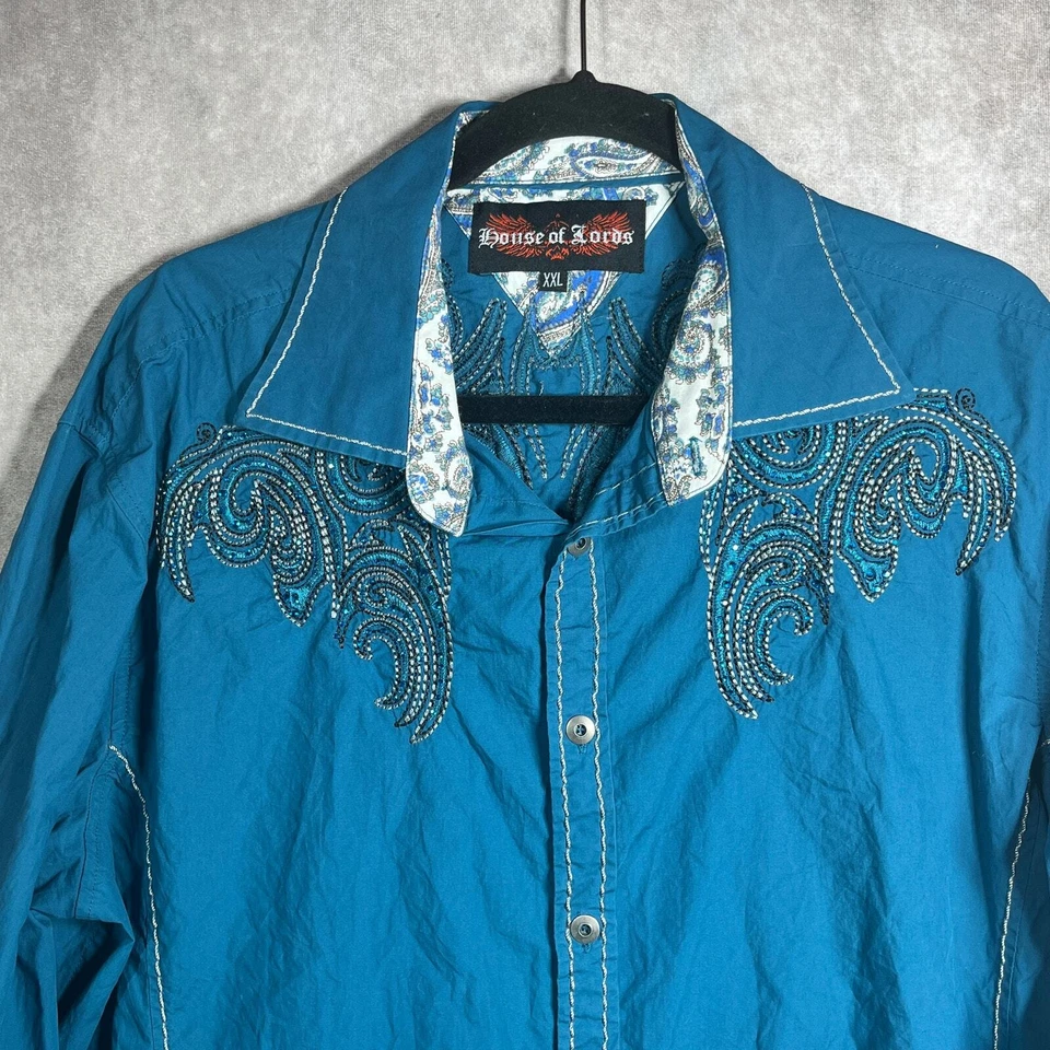 Camisa House Of Lords Hombre XXL Azul Bordado Botón Rave Streetwear Manga Larga Foto 2 de 4