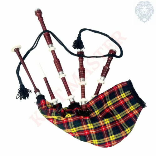 Buchanan Tartan Black Finish Bagpipe Set - Rosewood with Alloy Mounts - Picture 1 of 9